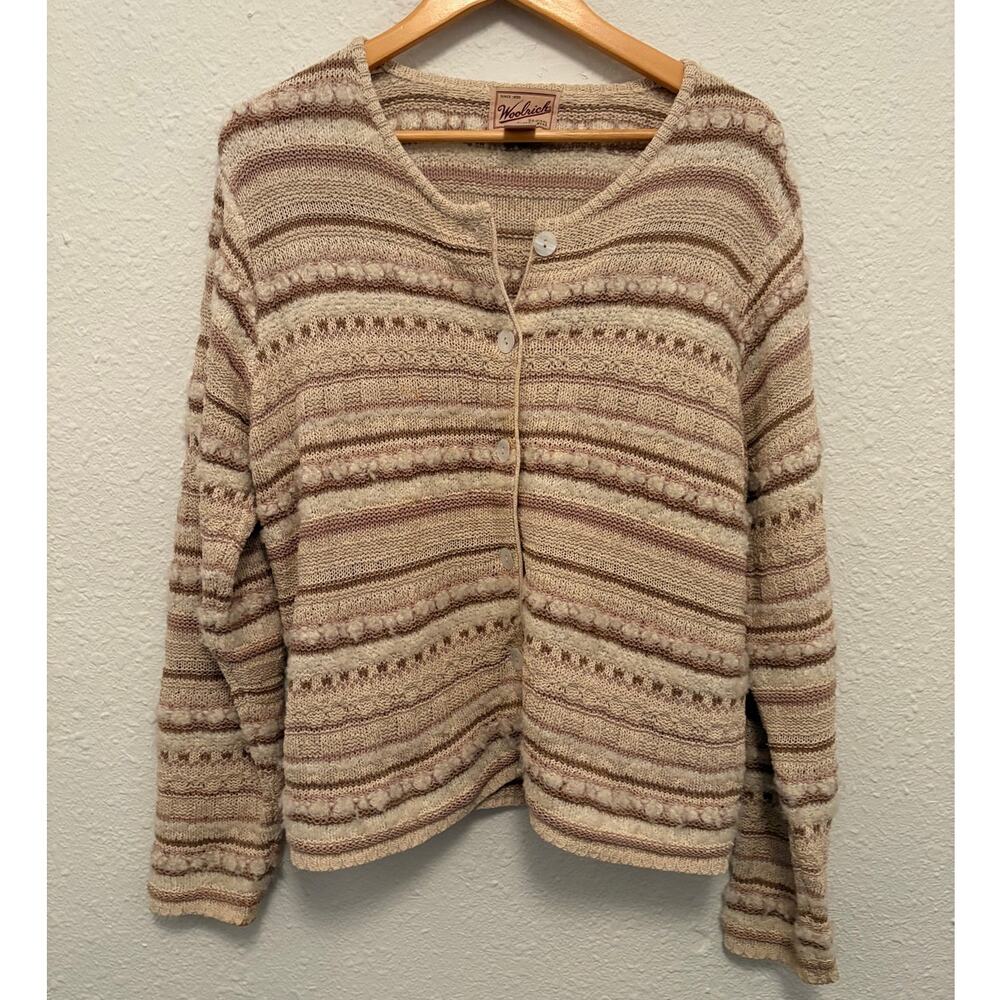 Vintage 90s Woolrich Silk Cotton Striped Cardigan Sweater Medium Cottage Brown